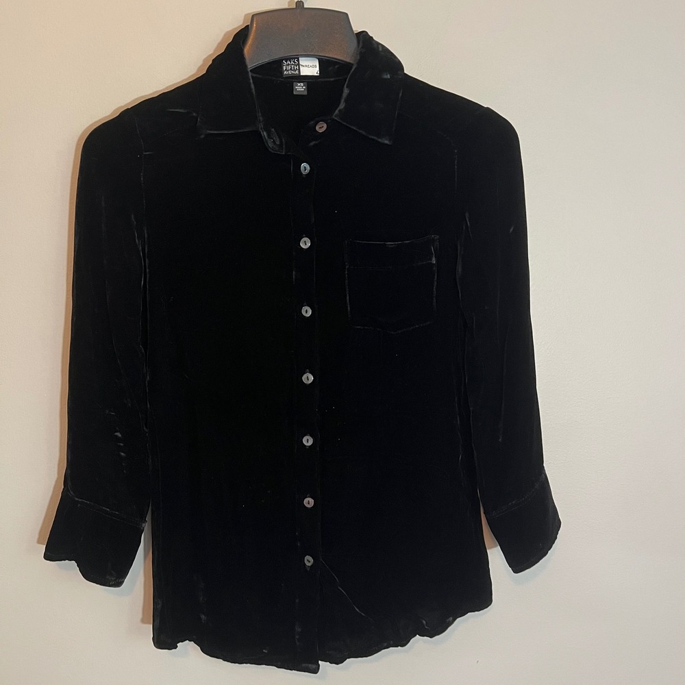 Saks Fifth Avenue Black Velvet Silk Blend Button Down XS Witchy Classic Capsule